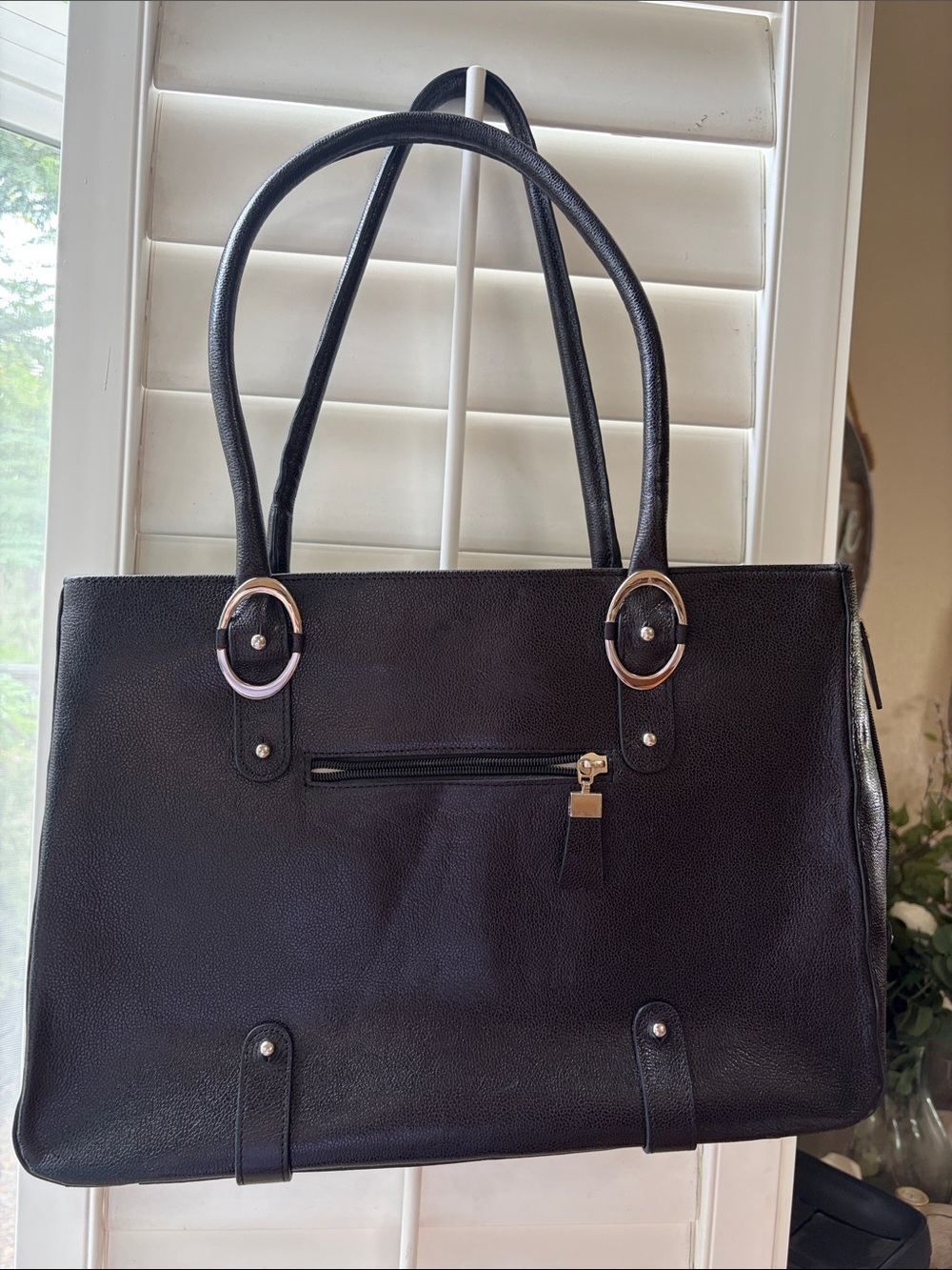 Franklin Covey Black Leather-Look Laptop Tote with Silver Hardware